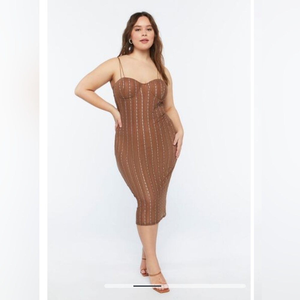 Sparkle striped bustier midi dress sheer brown w/body suit 2x